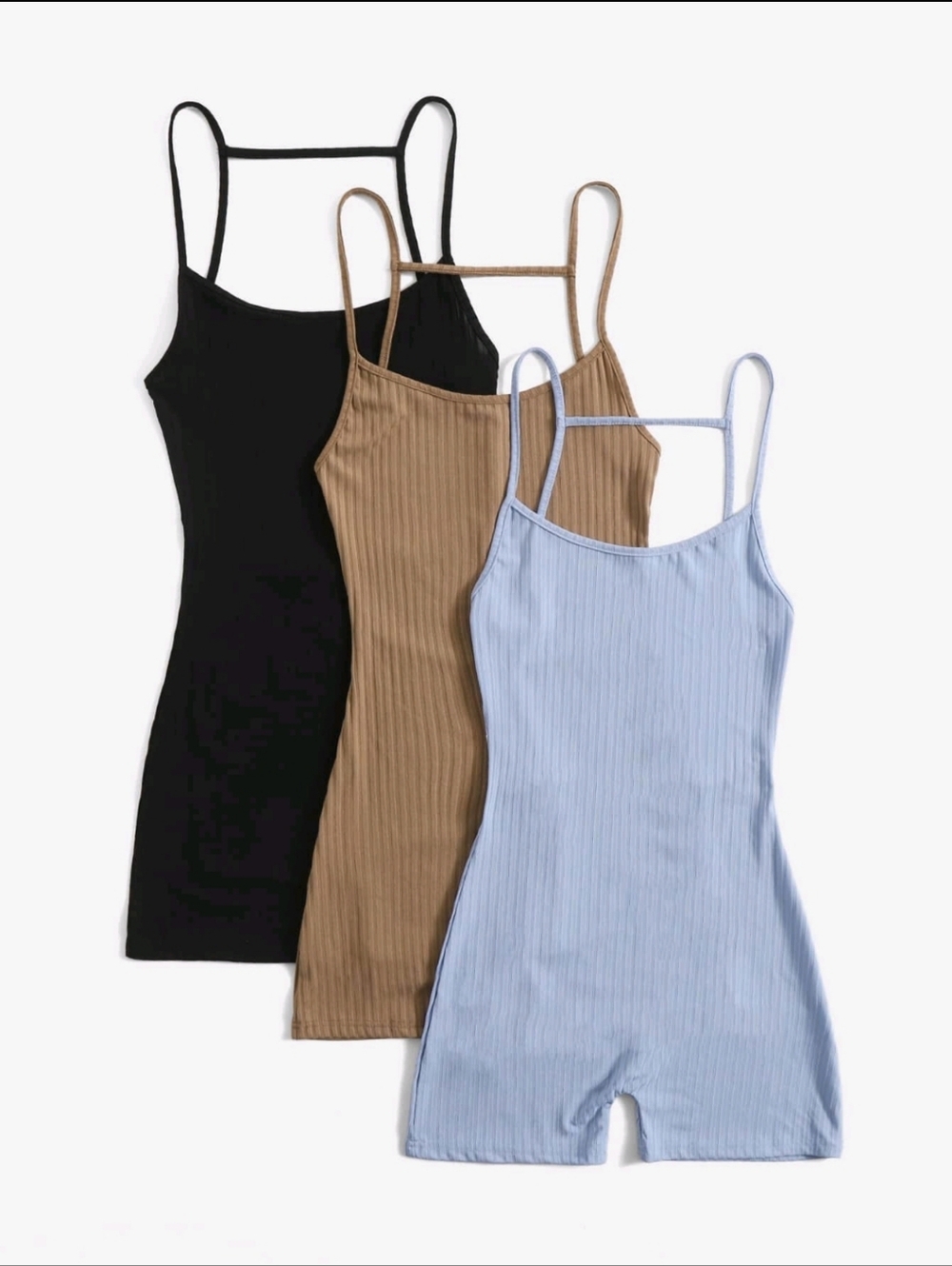 Ribbed Spaghetti Strap Rompers - Black, Tan, Light Blue